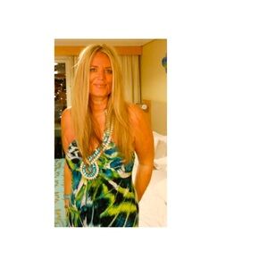 Roulette‎ Vibrant Green and Blue Maxi Dress beaded crystals size xl halter neck